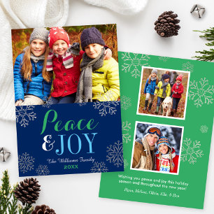 Modern Navy Green Peace and Joy Snowflake Photo Holiday Card