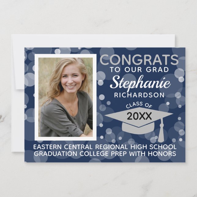 Modern Navy Grey Bokeh Bubbles Photo Graduation Invitation (Front)
