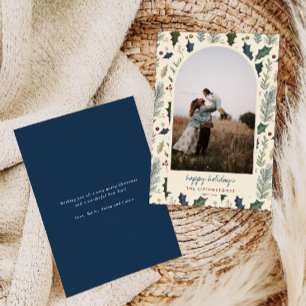 Modern Navy Holly & Pine Leaves Arch Photo Holiday Card