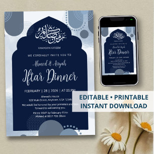 Modern Navy Iftar Invitation  withGeometric Arch