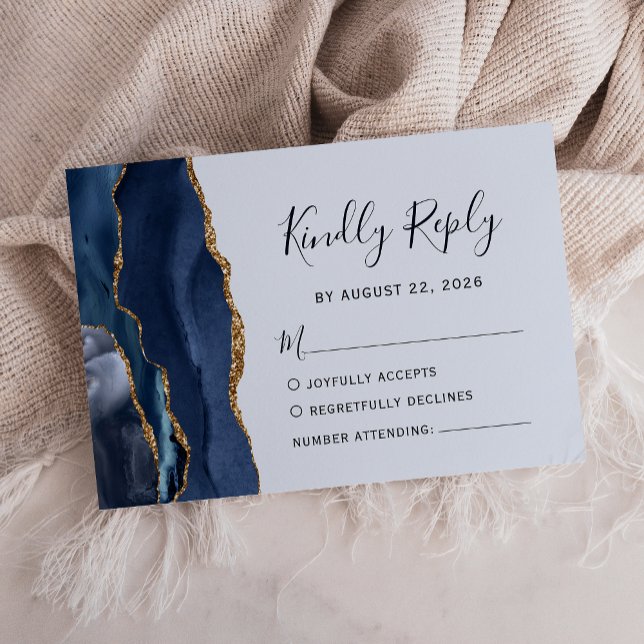 Modern Navy Light Blue Gold Agate Wedding RSVP Card (Creator Uploaded)