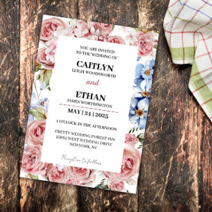 Modern Navy & Light Red Flowers Wedding Invitation