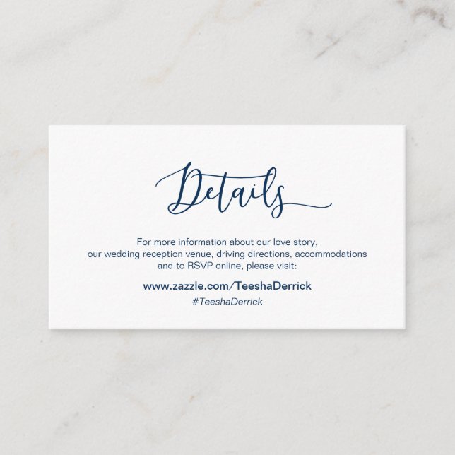 Modern Navy minimalism font, Our Wedding Details Enclosure Card (Front)