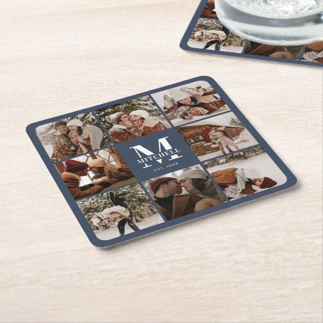 Modern Navy Monogram Initial Family Name &  Photo Square Paper Coaster (Angled)