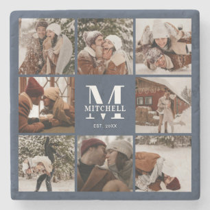 Modern Navy Monogram Initial Family Name & Photo Stone Coaster