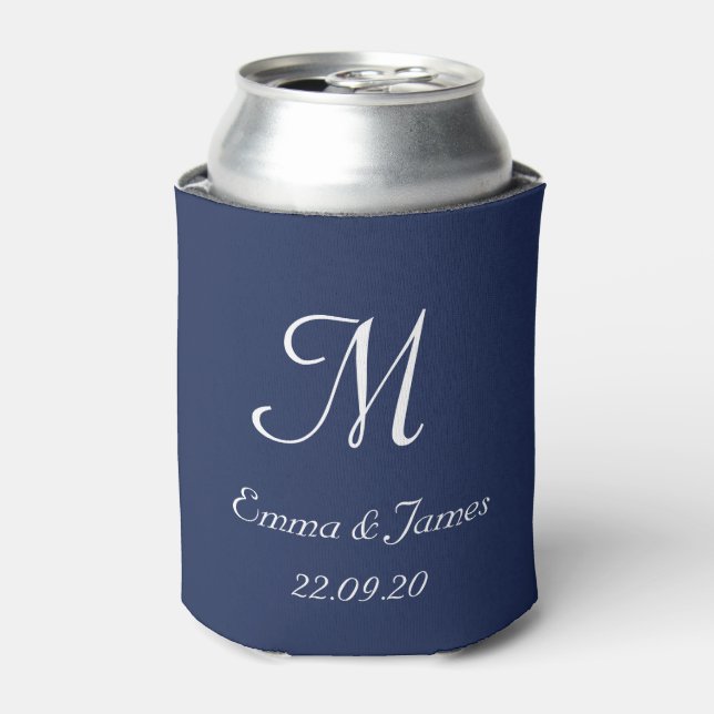 Modern Navy Monogram Wedding Party Favour  Can Cooler (Can Front)