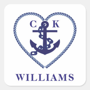 Modern Navy Nautical Anchor Heart Wedding Monogram Square Sticker
