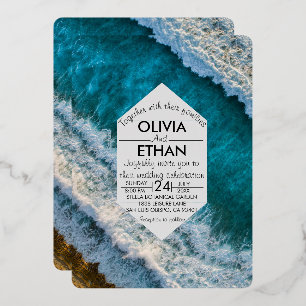 Modern navy nautical waves Wedding Foil Invitation