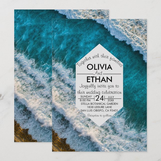 Modern navy nautical waves Wedding Invitation (Front/Back)