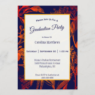 Modern Navy Orange Leaves Floral Graduation Invitation