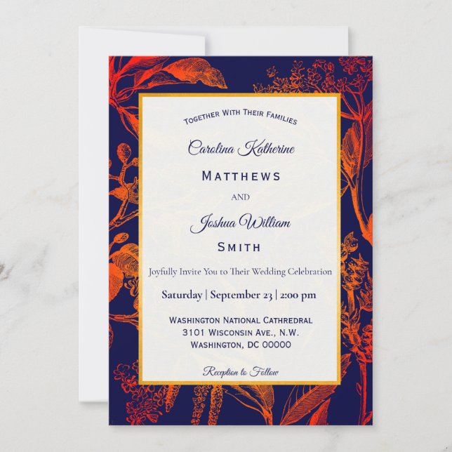 Modern Navy Orange Leaves Floral Wedding Invitation (Front)