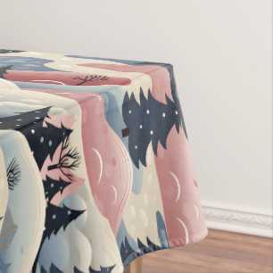 Modern Navy Pink Cream Christmas Trees Snowbanks Tablecloth