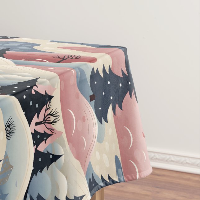 Modern Navy Pink Cream Christmas Trees Snowbanks Tablecloth (In Situ)