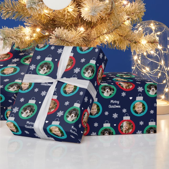 Modern Navy Red Green Photo Ornaments Christmas Wrapping Paper (Holidays)
