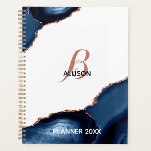 Modern Navy Rose Gold Agate Monogram Planner