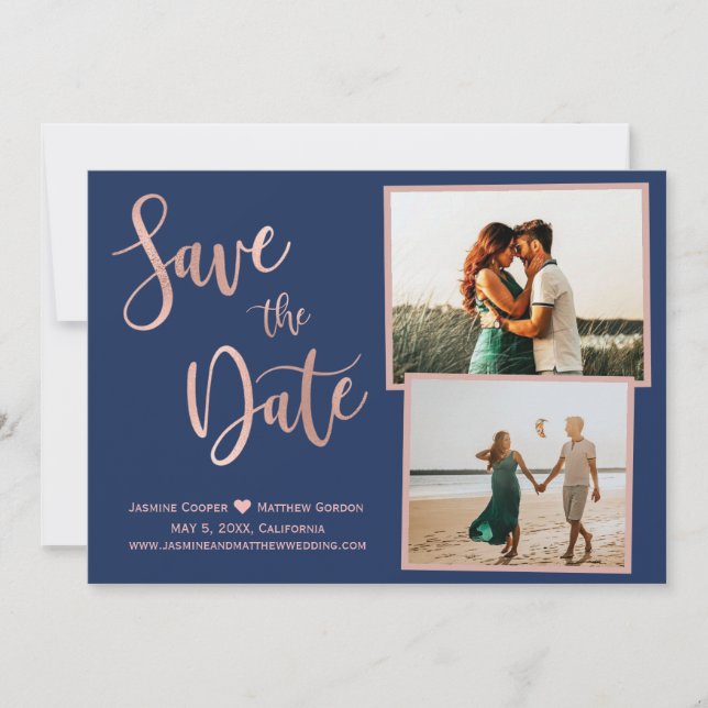 Modern Navy Rose Gold Elegant Typography Photo Save The Date (Front)