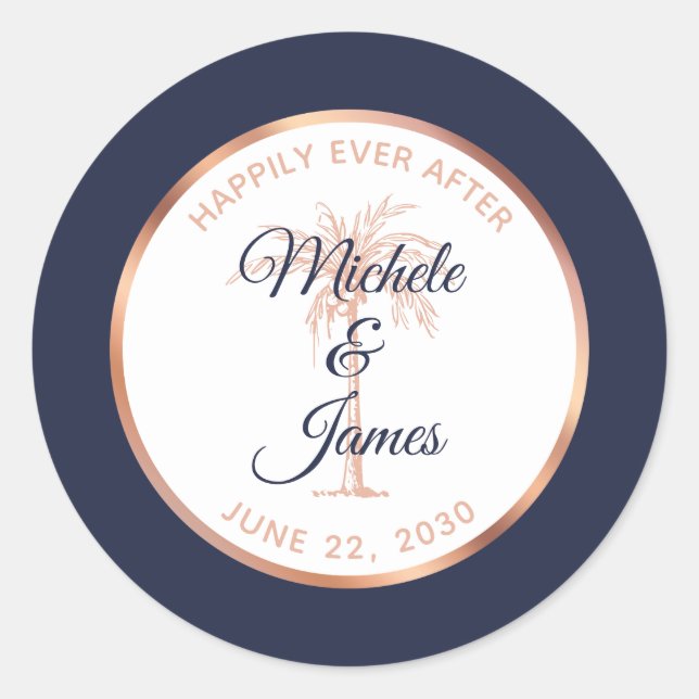 Modern Navy Rose Gold Palm Tree Tropical Wedding Classic Round Sticker (Front)