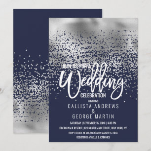 Modern Navy Silver Foil Confetti Ombre Wedding Invitation