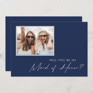 Modern Navy Silver Photo Maid of Honour proposal Invitation
