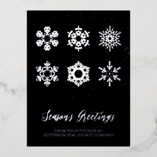 Modern Navy Silver Snowflakes Business Foil Holiday Postcard