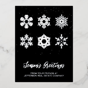 Modern Navy Silver Snowflakes Business Foil Holiday Postcard