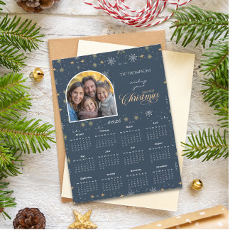 Modern Navy Snowflake Photo 2026 Calendar Card
