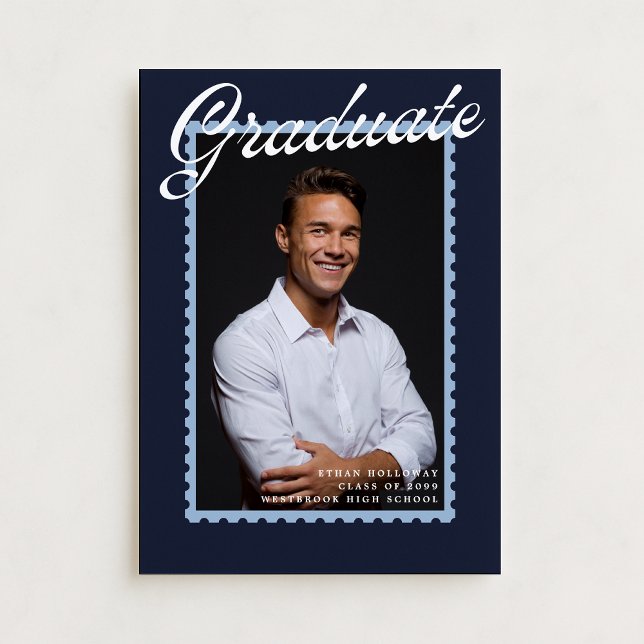 Modern Navy Stamp Graduation Announcement (Creator Uploaded)