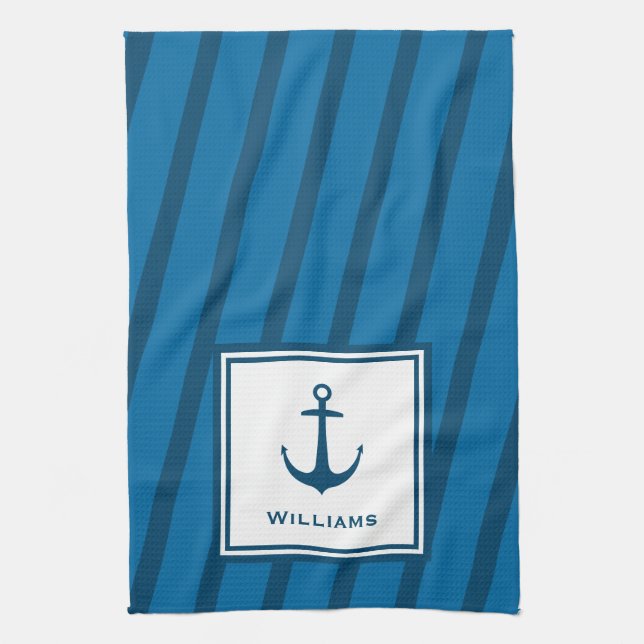Modern Navy Striped Nautical Last Name Anchor Kitchen Towel (Vertical)