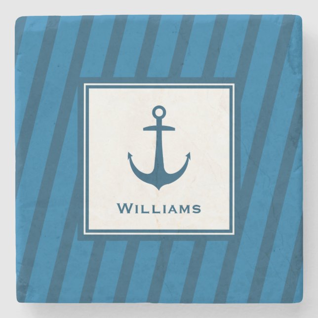 Modern Navy Striped Nautical Last Name Anchor Stone Coaster (Front)