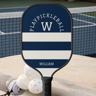 Modern Navy Summer Coastal Stripes Monogram Pickleball Paddle