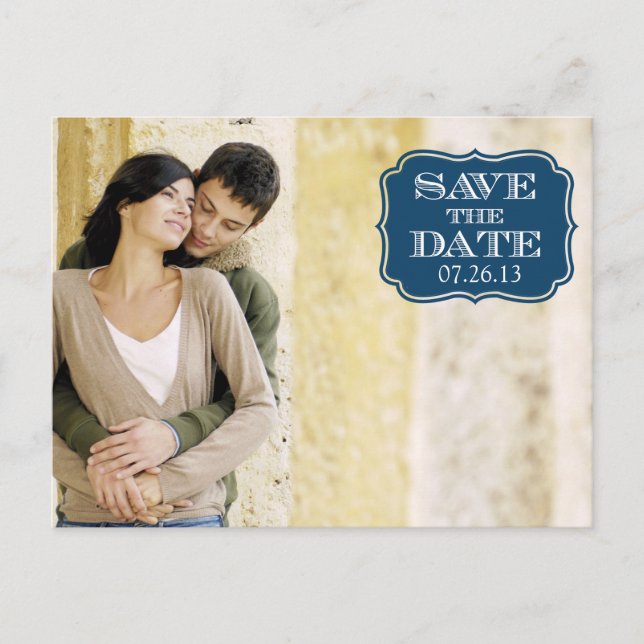 Modern Navy Swirl Label Save the Date Photo Card (Front)