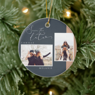 Modern Navy & Tan Two Tone Photo Save The Date Ceramic Ornament