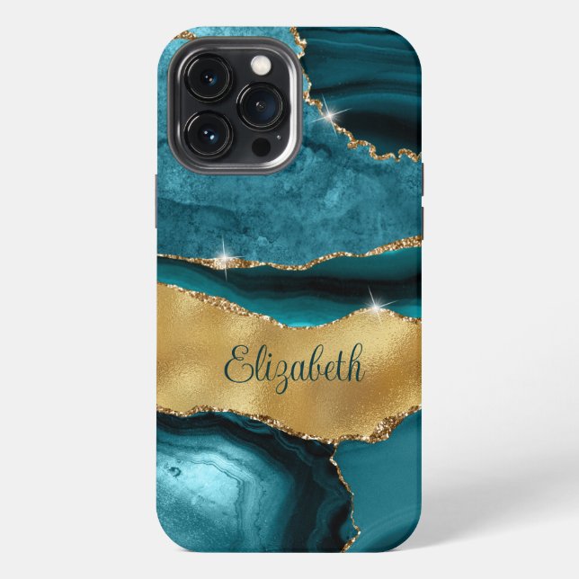 Modern Navy Teal and Gold Agate Monogram iPhone Case (Back)