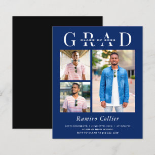 Modern Navy Three Photo Graduation Invitation