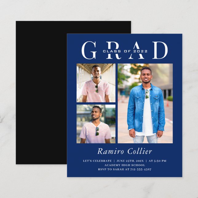 Modern Navy Three Photo Graduation Invitation (Front/Back)