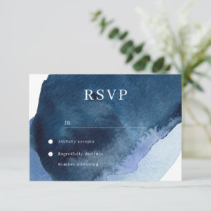 Modern Navy Watercolor Wedding RSVP Card