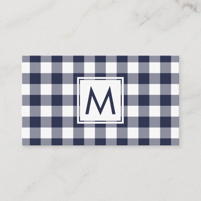 Modern Navy White Buffalo Plaid Pattern Monogram Business Card (Front)