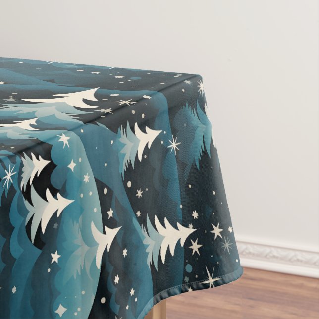 Modern Navy White Christmas Trees Dark Night Tablecloth (In Situ)