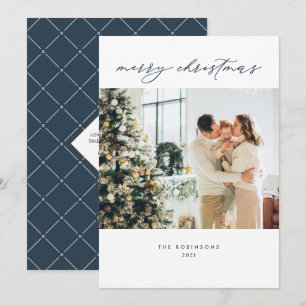 Modern Navy White Elegant Script Christmas Photo Holiday Card