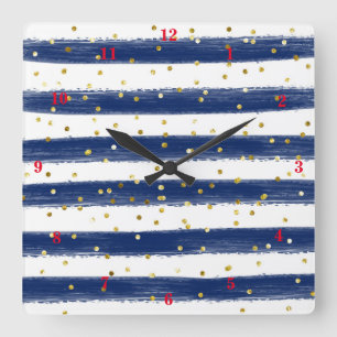 Modern Navy, White, Gold Stripes, Confetti Clock