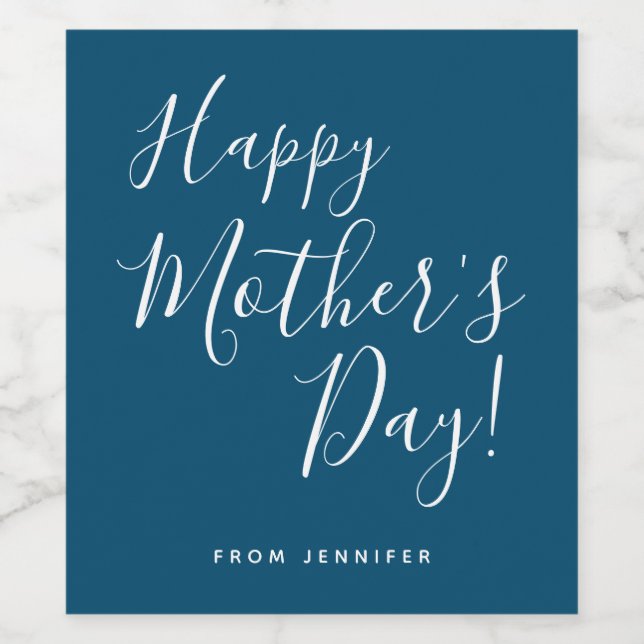Modern Navy & White Happy Mother's Day Script Wine Label (Single Label)