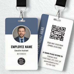 Modern Navy White Photo ID Employee QR Code Badge