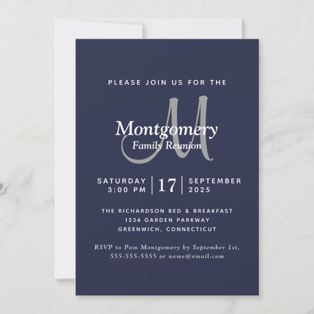 Modern Navy White Silver Monogram Family Reunion Invitation (Front)