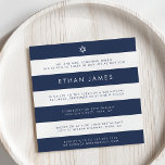 Modern Navy & White Stripe Bar Mitzvah Invitation<br><div class="desc">Our Bar Mitzvah invitations have a modern nautical feel, with wide, horizontal navy blue and white stripes with modern sans serif lettering and a small Star of David at the top. Use the text fields provided to add your custom intro, ceremony details and party details. Customize the wording however you...</div>