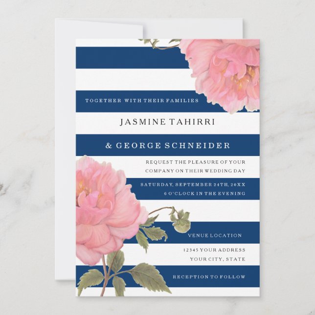 MODERN Navy Wide Stripes Pink Peony Flowers Floral Invitation (Front)