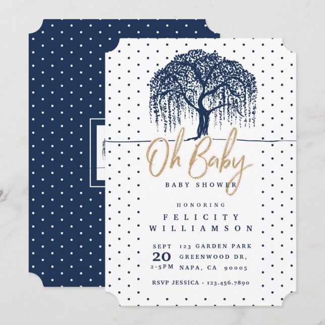 Modern Navy Willow Tree Baby Shower Invitation (Front/Back)