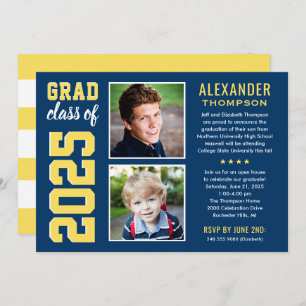 Modern Navy Yellow Two Photos Graduation Party Invitation