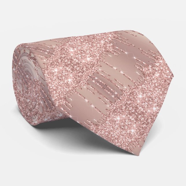 Modern Neck Tie with Rose Gold Blush Glitter Drips (Rolled)