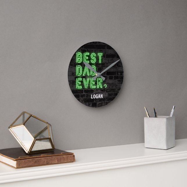 Modern Neon Best Dad Ever Personalized Round Clock (Office)