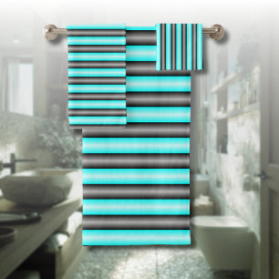 Modern Neon Blue and Black 3D Metal Effect Stripes Bath Towel Set